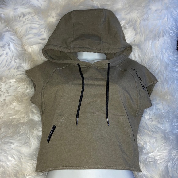 DNDL Cropped Sleeveless Hoodie Oversized Pullover Khaki Army Olive Green M - Picture 12 of 13